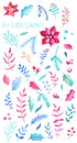 Red and blue floral elements on white background. Poinsettia flower and holly leaf watercolor illustration Royalty Free Stock Photo
