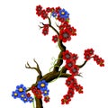 Red and blue flouwers on a branch