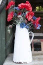 Red and blue flowers white jug Royalty Free Stock Photo