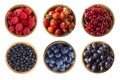 Red and blue food.Raspberries, strawberries, red currants, blueberries, bilberries and grapes. Royalty Free Stock Photo