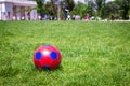 Red and blue fotball on grass