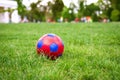 Red and blue fotball on grass