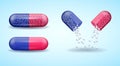 Red and blue full medical pill capsule with molecules