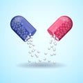 Red and blue full medical pill capsule with molecules