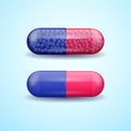 Red and blue full medical pill capsule with molecules