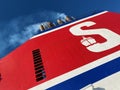 Red blue funnel logo of Stena Line ferry ship between England and the Netherlands