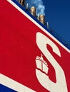 Red blue funnel logo of Stena Line ferry ship between England and the Netherlands