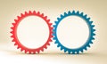 Red and blue gears on a neutral background