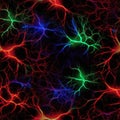 Red Blue Green Fire Neurons On Black Background. Tile Seamless Background. Generative AI