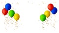 Red, blue, green and yellow balloons with gold ribbons and star