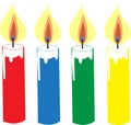 Red blue green yellow burning candle with yellow light