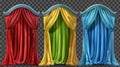 Red, blue, green and yellow stage curtains isolated on a transparent background. Luxury textile decor for a music hall Royalty Free Stock Photo