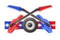 red and blue guitars and audio speaker on white Royalty Free Stock Photo