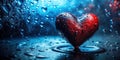 A red and blue heart covered in water droplets, floating gently on a dark reflective surface. Generative AI Royalty Free Stock Photo