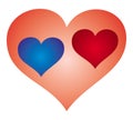 Red and blue hearts on a pink background in the form of a heart. Valentine`s Day, symbol of lovers.