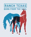 red and blue horses. Risograph effect. Ranch, breeding and farm emblem.