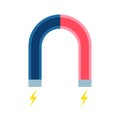 Red and blue horseshoe magnet with small lightnings on poles.