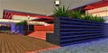 Red blue illumination of the modern upscale dwelling relax zone at night. Wooden stairs down to the terrace with sun loungers on