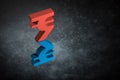 Red and Blue Indian Currency Symbol With Mirror Reflection on Dark Dusty Background