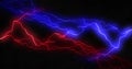 Red and blue lightning bolts of electrical current moving wildly across black background