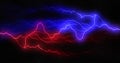 Red and blue lightning bolts of electrical current moving wildly across black background