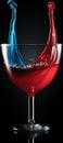 A red and blue liquid pouring into a wine glass, AI Royalty Free Stock Photo