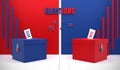 Red and Blue locked ballot box with vote and elections text isolated on red and blue line strip background, republican, democratic