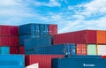 Red and blue logistic container against blue sky. Cargo and shipping business. Container ship for import and export logistics. Royalty Free Stock Photo