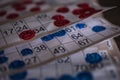 Red and blue marked Bingo cards close up