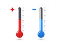 Red and blue mercury thermometers vector illustration. Hot and cold temperature sensor icons. Chemical test tubes