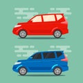 Red and blue minivans in flat color style.