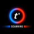 Red and blue neon circle on a black background. Glowing temperature icon with T letter and the Scanning title