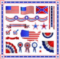 Red and blue patriotic American badges labels with flag, banners, round, shields wreaths in the colour pattern of the