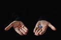 Red and blue pills on hand isolated Royalty Free Stock Photo