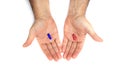 Red and blue pills on hand isolated on white background. They represent the choice between embracing the truth and reality, red or