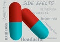 Red and blue pills with side effects as background