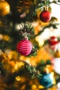 Red blue pink and golden christmas balls on the tree Royalty Free Stock Photo