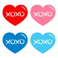 Red, blue, pink heart icon set. Xoxo phrase sketch saying. Hugs and kisses. Happy Valentines day sign symbol. Cute graphic object