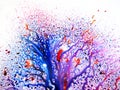 Red-blue-purple pattern in the shape of a tree from streams and spots of colored liquid. Saturated abstract spilled ink background