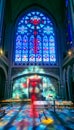 Red and blue reflections of the stained glass in french catholic church. Royalty Free Stock Photo