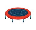 Red and blue round trampoline with safety padding isolated on white. Recreational jumping equipment for kids and sports