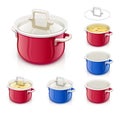 Red and blue saucepan with lid. Kitchen tableware. Royalty Free Stock Photo