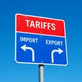 Red and blue sign displaying tariffs, import arrow and export arrow. Generative AI