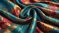 Red and blue silk satin fabric background with elegant gold Victorian embroidery. Highly detailed and wavy luxurious lace texture Royalty Free Stock Photo