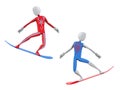 Red and blue snowboarders caught mid jump