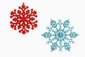 Red and blue snowflake ornaments