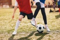 Red and Blue Soccer Players Compete in a Duel on Sunny Day. Football Game For Children. Soccer Background