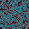 Red and blue striped tropical leaves seamless pattern