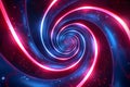 a red and blue swirl with glowing lights on a dark background