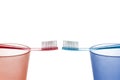 Red and blue toothbrush on the plastic cups opposite each other on a white background Royalty Free Stock Photo